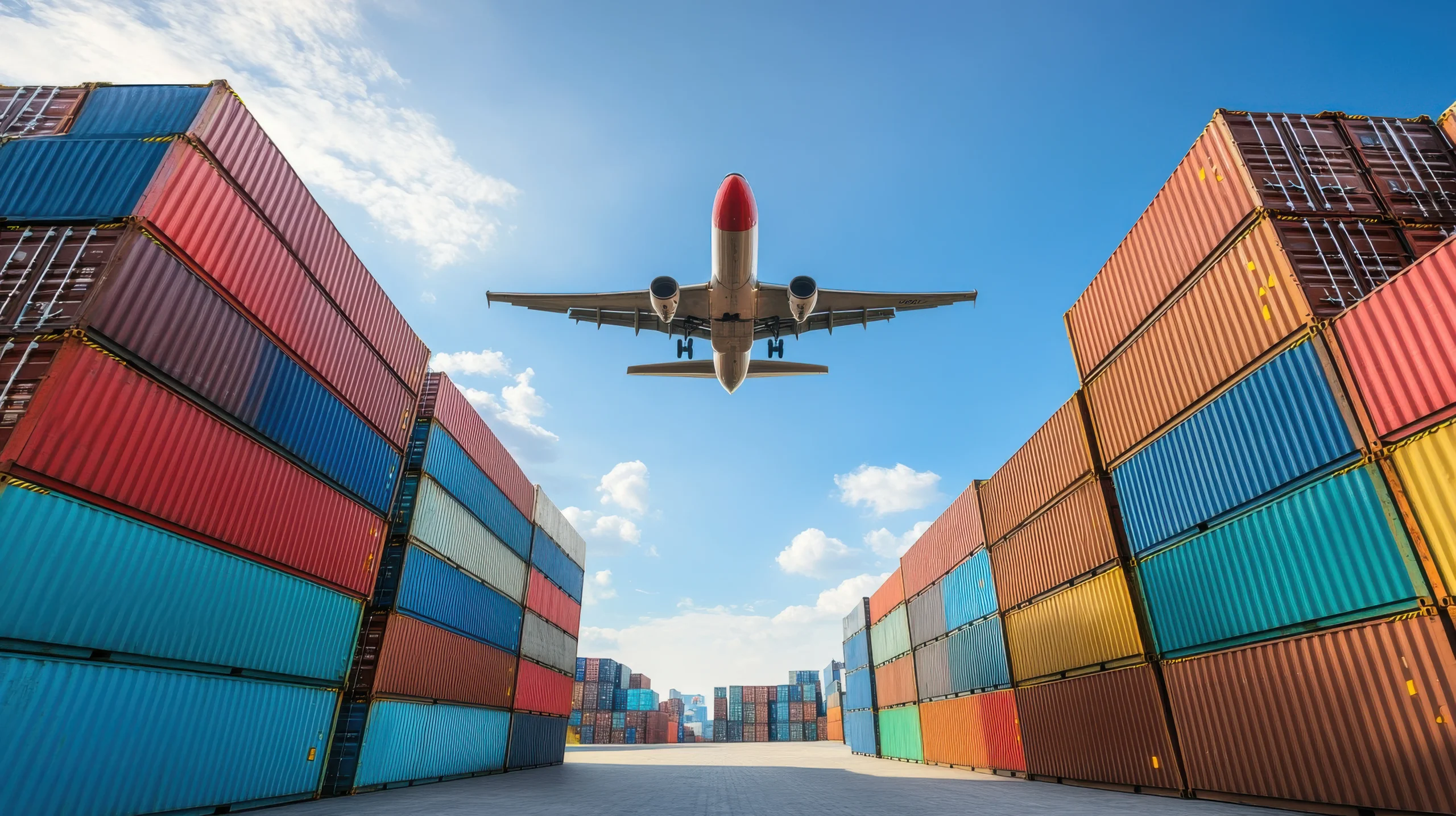 Shipping container with plane flying over